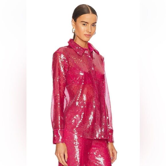 More To Come Wyatt Button Down Top in Hot Pink sequin blouse shirt Revolve - Picture 2 of 8